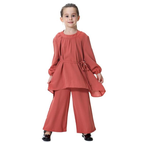 

ramadan muslim girls abaya two-piece suit lace-up and pants kids turkey prayer khimar burka islamic moroccan kaftan summer, Red