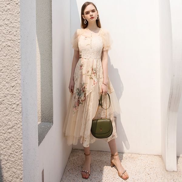 

yigelila new arrival vintage lace long dress elegant square collar lantern sleeve dress empire slim mid-length print 65633, Black;gray