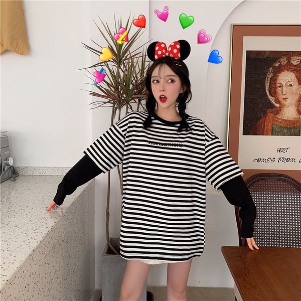 

корейский стиль студенты ins мода запах девушки средней длины свободного покроя прохладный сустав полосы макет из двух частей повседневная с, White