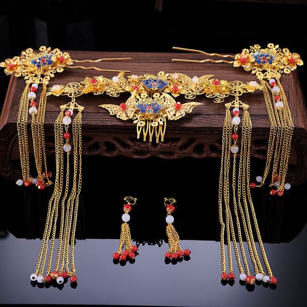 

2019 new bride's wedding headdress chinese style phoenix crown hair tassel hair stick ornaments bride hair jewelry, Golden;white