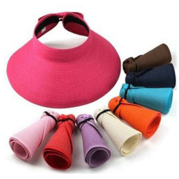 

2019 new women lady wide brim visor cap summer beach straw clip on sun hat tennis golf cap, Blue;gray