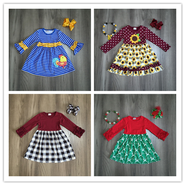 

baby girls fall/winter dress girls christmas elk dress rooster sunflower plaid children classic accessories, Red;yellow