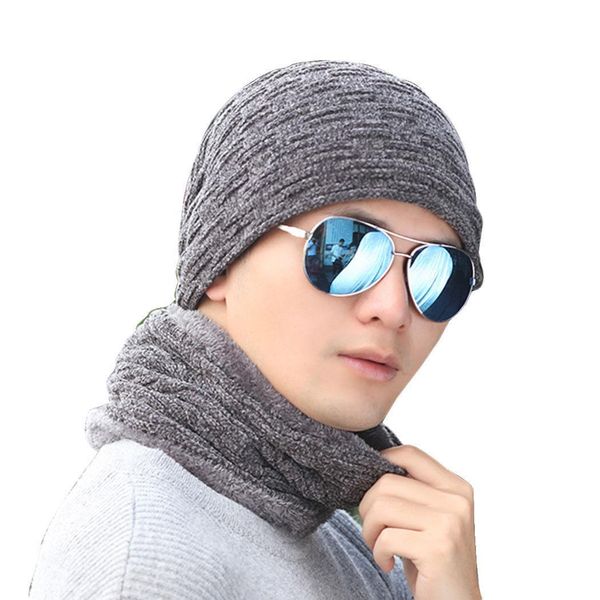 

men winter warm solid plush hat casual, street, outdoor beanie skull 2 pcs/set & spring, fall, cap scarf set, Blue;gray