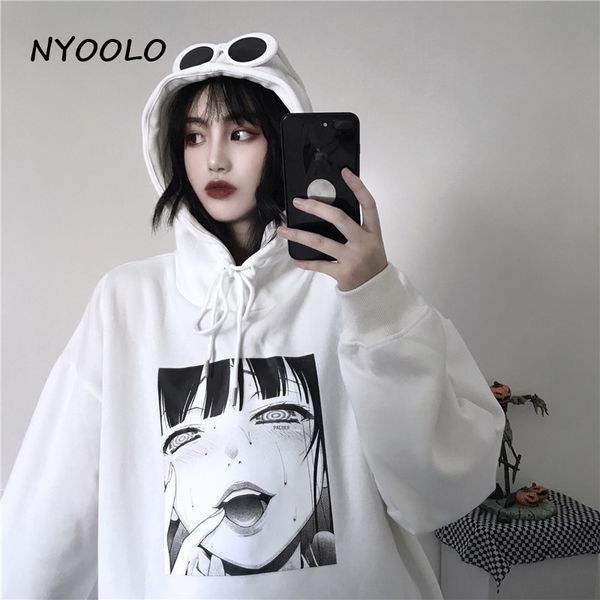 

nyoolo harajuku style girl print loose warm fleece hoodies autumn winter street long sleeve hooded pullovers sweatshirt women, Black