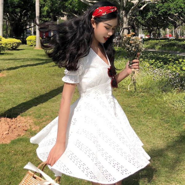 

fashion summer playful casual with row of buttons embroidery fairy women dress short sleeve french solid v neck high waist, Black;gray