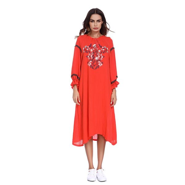 

muslim floral embroidery maxi dress linen abaya ramadan arabic dubai caftan islamic prayer clothing long robe gowns kimono, Red