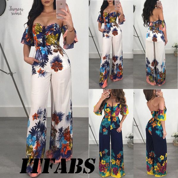 

women jumpsuit women off shoulder self tie yellow jumpsuits 2019 new ruffle half print sleeve elegant jumpsuit, Black;white