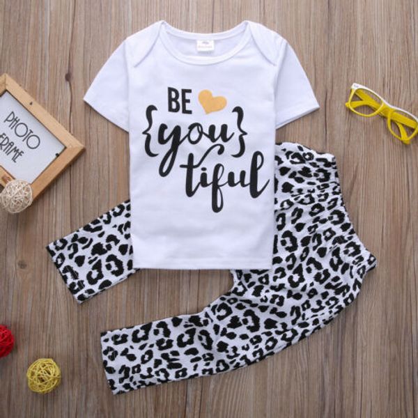 

au 2pcs toddler kid baby girl outfit short sleeve t-shirt +pants clothes set, White