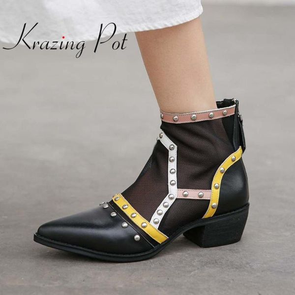 

krazing pot mixed color natural leather air mesh med heels pointed toe rivet sunscreen breathable zip ankle summer boots l07, Black