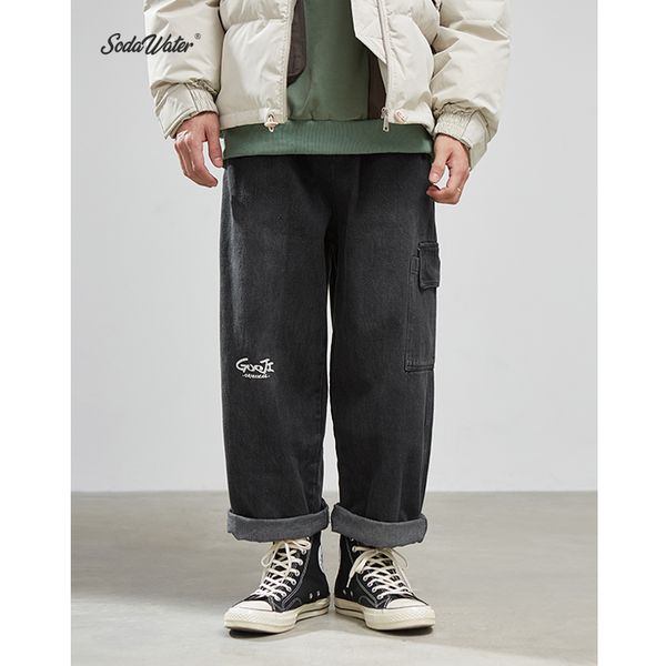

sodawater elastic waist men jeans wash blue color casual men jeans hip hop men's straight loose denim trousers 94539ws