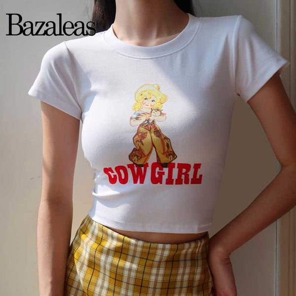 

bazaleas fashion crop cute women tshirt gothic women t-shirt harajuku cow girl print white cropped t shirt