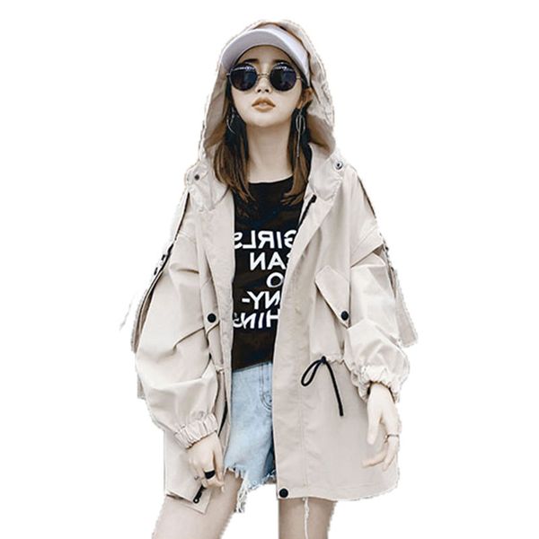 

2018 women's spring autumn coat bf style windbreaker female loose oversized long trench coat fashion hooded coats for girl d003, Tan;black