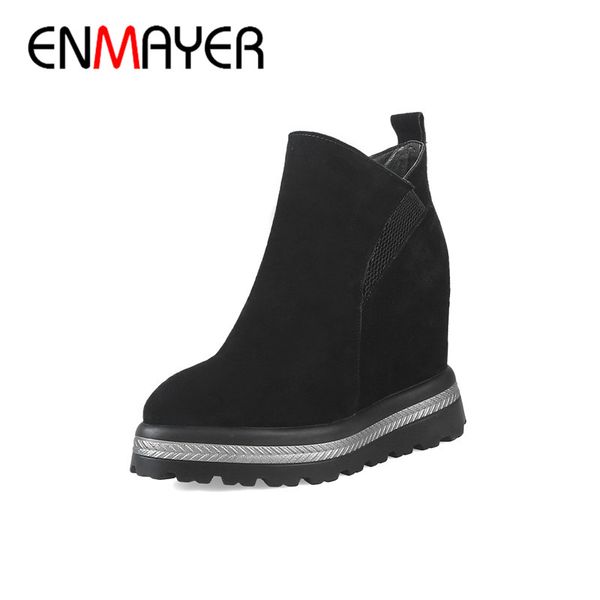 

enmayer winter woman's shoes hight increasing ankle boots ladies ship on platform shoes fashion wedges boots size 34-42 cy084, Black