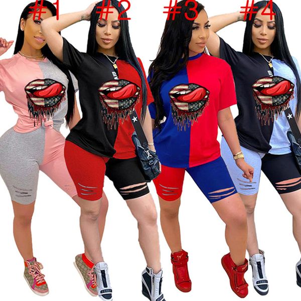 

women tracksuit patchwork color hole lips designer two piece set outfits short sleeves t shirt shorts summer casual sport suit d7101, Gray