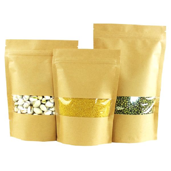 

100pcs/lot brown stand-up kraft paper window bag doypack gift dried fruit packaging pouches zipper pe self sealing bags
