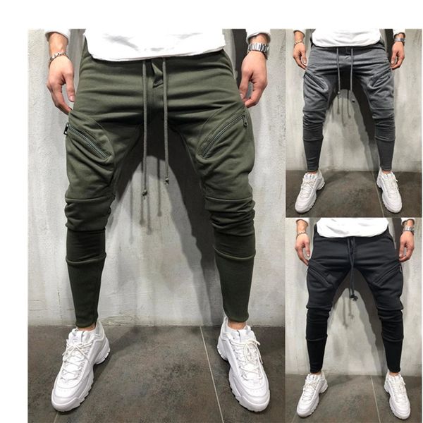 

men's solid color multi-pocket slacks street joggers sport ankle pants, Black