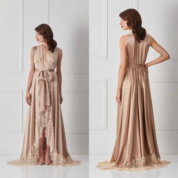 

2019 champagne women robe sleeveless lace nightgown deep v neck ruffles sleepwear bathrobe pajamas new prom bridesmaid shawel, White