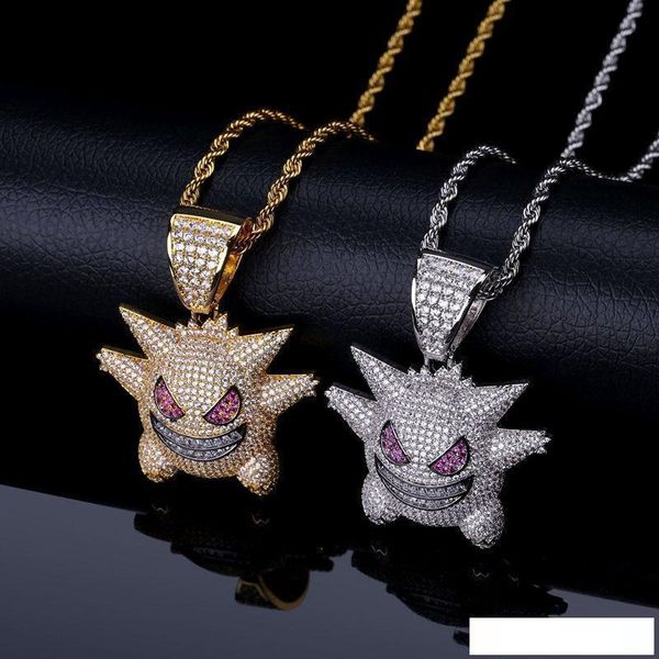 

full rhinestone gengar pendant necklace creative hip hop bling chains iced out jewelry with 24 inch chain for men gift, Silver