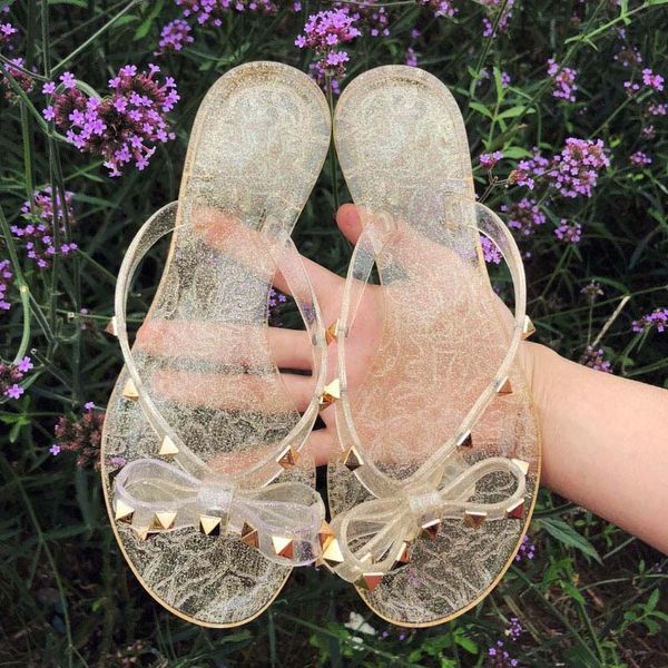 

rivet bowknot sandals summer woman beach flip flops jelly shoes pvc slides girls sandals slip on flat with women studs slippers, Black