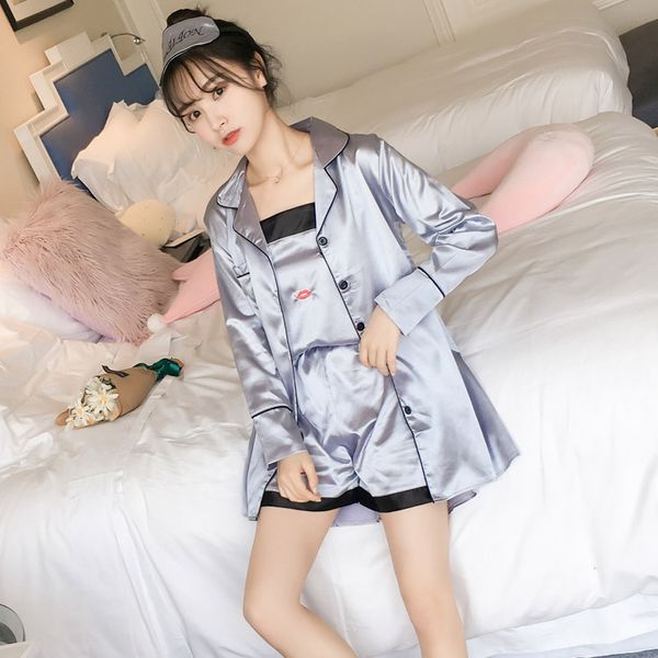 

christmas clothes 3 pcs women pajamas sets women sleep set deep ice silk pajama sets short pant set robe, Black;red