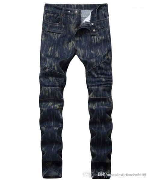 

mens long jeans mid waist motor fashion mens trousers male apparel straight fold skinny, Blue