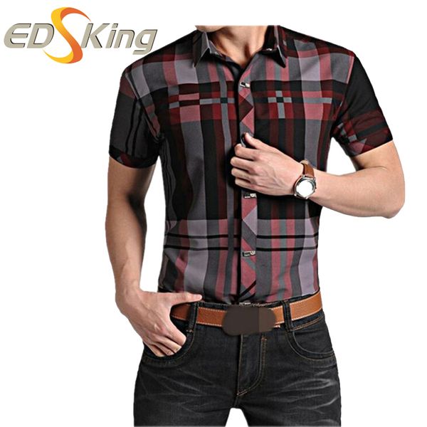 

mens short sleeve shirts plaid print dress man social checkered shirt imported male clothes for slimming blouses, White;black