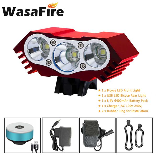 

wasafire 3xt6 led bicycle light 4 modes bike front headlight 18650 6400mah battery + 16 leds usb cycling rear lamp