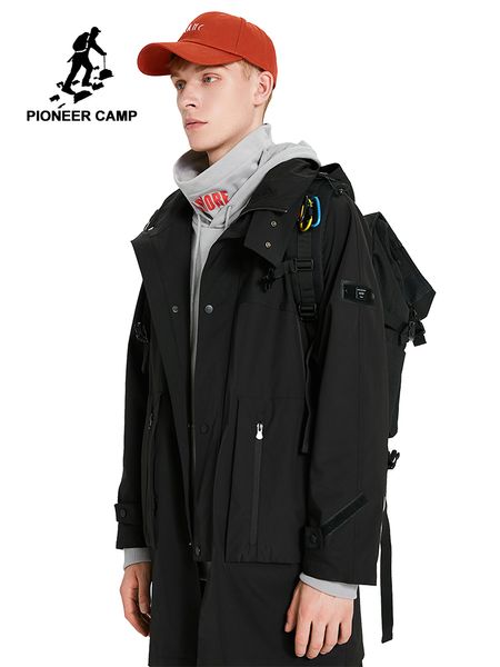 

pioneer camp blue jacket men hooded zipper black grey cargo trench adolescent stand collar coat male windbreaker ajk908153t, Black;brown