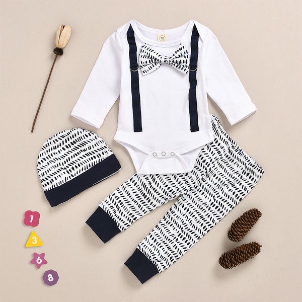

children baby long sleeves round collar pure color stripe bow jacket hat trouser 3pcs set outfits kids boy girls clothing, White