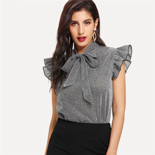 

women blouse woman womens gray tied neck ruffle sleeve summer casual and blouses sleeve new elegant office lady party glitter top, White