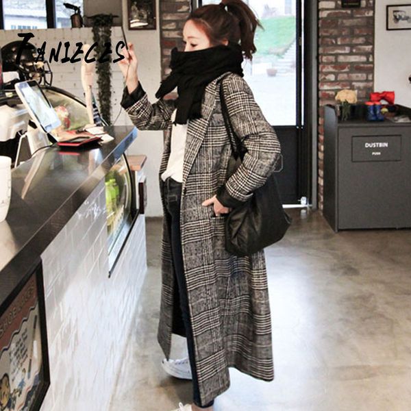 

ins fashion winter autumn women gray office lady long houndstooth coats loose oversized wool blend casual warm casual overcoat, Black