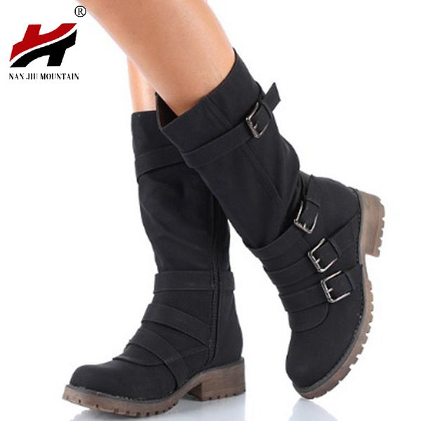 

nan jiu mountain 2018 fall winter fashion shoes woman new side zipper pu leather buckle calf women's boots black plus size 34-43