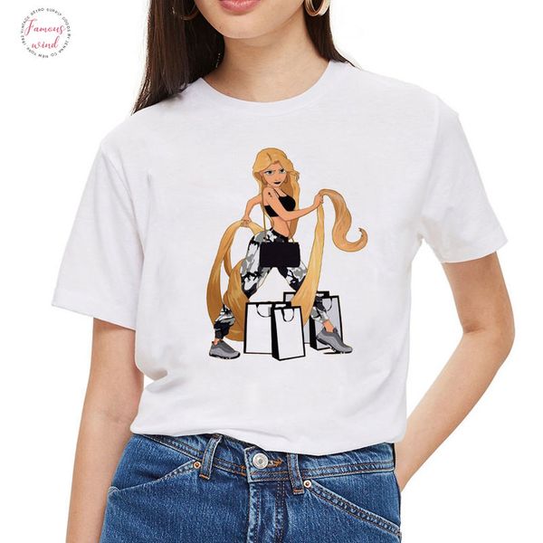 

camisetas verano mujer 2019 thin section streetwear t shirt harajuku long hair princess shopping fashion printed tshirt, White
