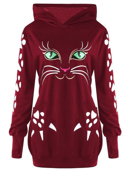 

cartoon cat face printed christmas pullover large women's wear, Black