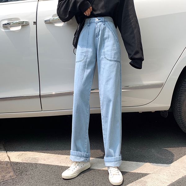 

2020 jeans retro korean high waist jeans women spring new wild big pockets loose straight, Blue