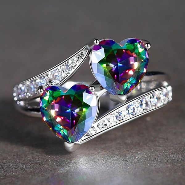 

beiver double heart rainbow cz ring in rhodium plated wedding bands zircon jewelry women accessories engagement ring, Golden;silver