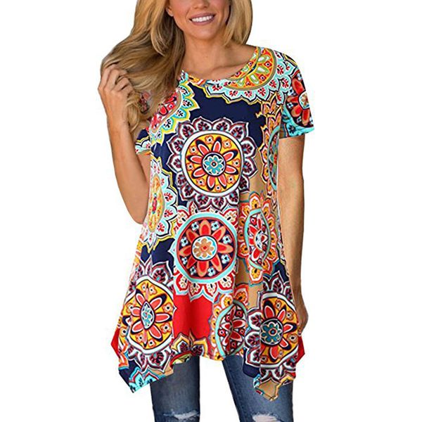 

women blouses women clothes short sleeve women blouse floral flutter sleeve printed summer sleeve o neck asymmetrical tunic long, White