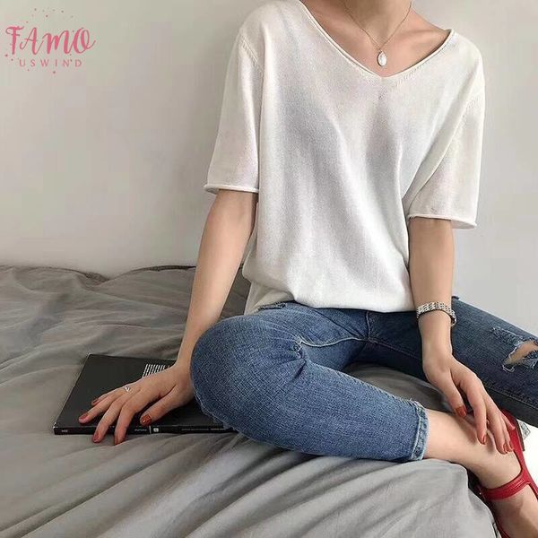 

summer thin basic oversize t shirt for women tees short sleeve v neck casual t shirts knitwear basic big solid, White