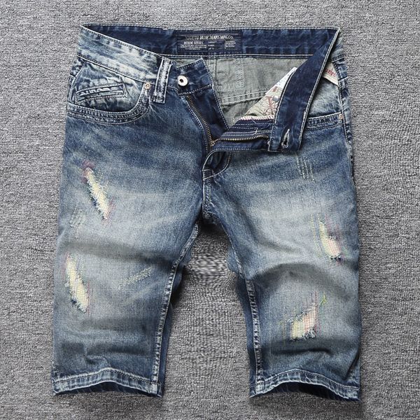 

summer fashion short jeans men retro blue ripped jeans casual denim shorts embroidery patch streetwear hip hop shorts men