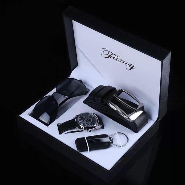 

fashion watch men luxury gift set sunglasses keychain belt multiple time zone wrist watch for father men gift y19051703, Slivery;brown