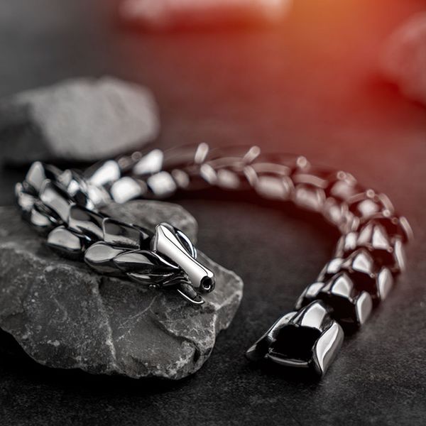 

vintage dragon bracelet for men punk rock silver stainless steel jewelry hiphop curb biker bracelets wrist jewelry for boyfriend, Black