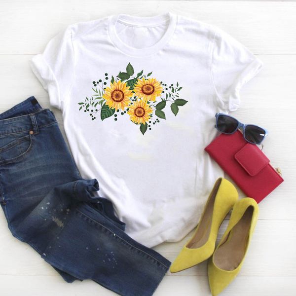

women shirt womens flower style fashion printed summer ladies kawaii clothes tees graphic printed tshirt female t-shirt, White