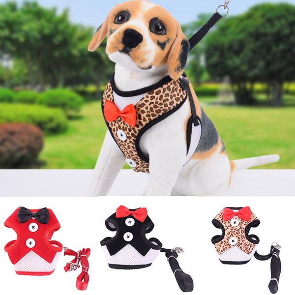 

mesh bow ties small dog harness nylon breathable puppy dog pet harness vest and leash set leopard party weddings supplies