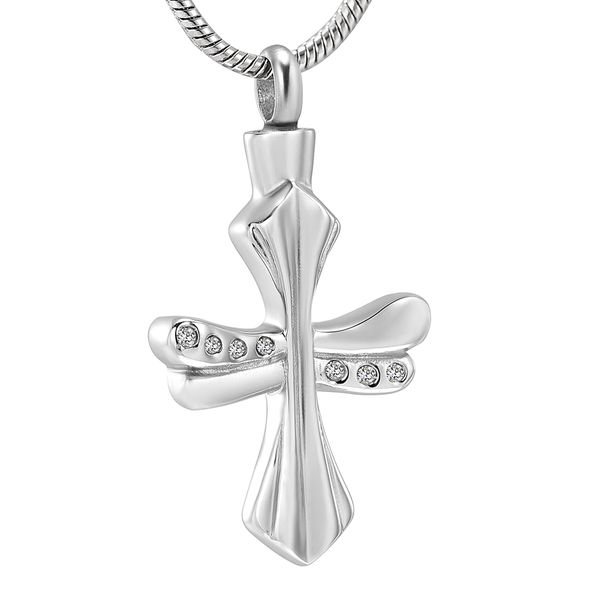 

ijd12233 crystal inlay cross memorial pendant necklace stainless steel cremation urn necklace for human ashes collection jewelry, Silver