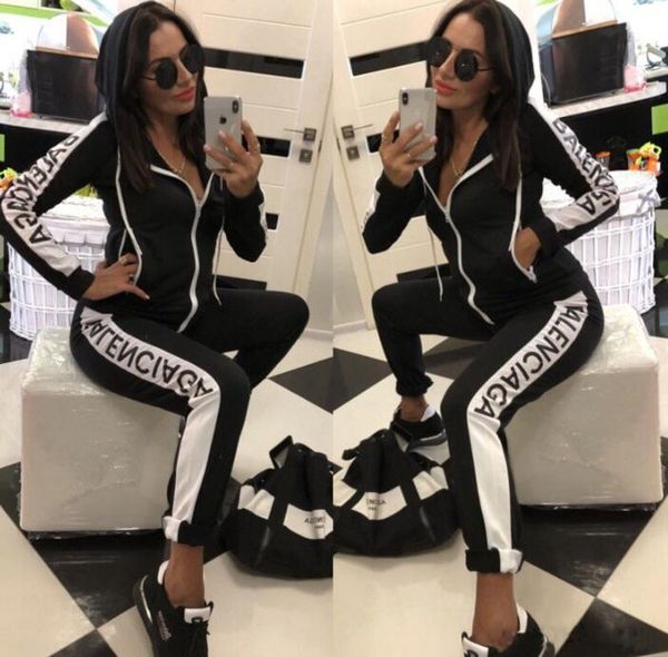 

осень / зима женщины пуловер молния повседневные спортивные костюмы куртка толстовки и брюки из двух частей костюмы наборы tracksuits9 balen, Gray