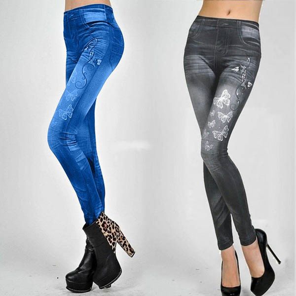

2019 autumn summer women's jeans casual cotton high-waist imitation denim leggings hip elastic slim pencil tights pants l0830, Blue