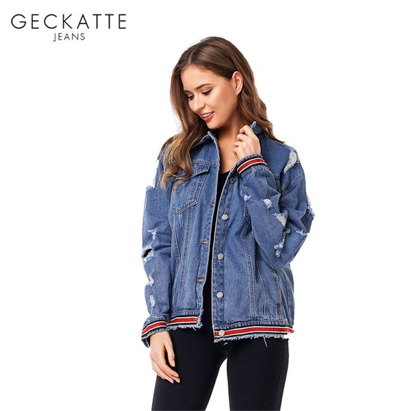 

geckatte blue jeans jacket women denim jean jacket female stripe ripped jackets for women streetwear clothes womens outwear, Black;brown