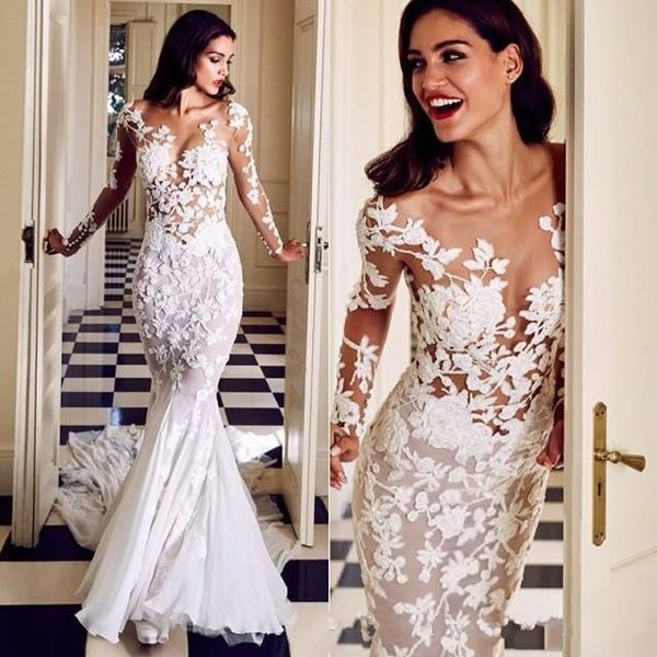 

Sexy Vintage Mermaid Wedding Dresses 2019 Lace Applique Sheer Neck Long Sleeve Illusion Back Wedding Dress Bridal Gowns Vestidos De Noiva