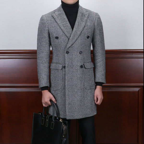

men's suits & blazers 2021 handsome double-breasted herringbone long blazer suit wool blend lapel trench coat tuxedo, White;black