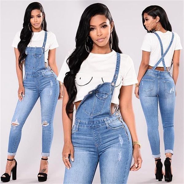 

women fashion hole jumpsuit denim overalls autumn winter blue strap ripped pockets ankle-length pants denim jeans jumpsuit, Black;white